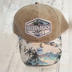 Holden Beach NC Burlap Tan and Tropical Print Cap